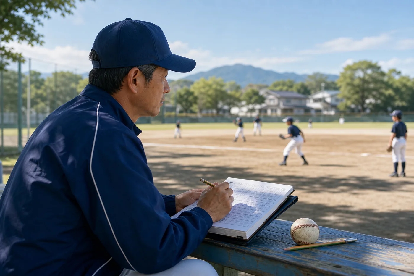 学童野球の試合をスコアブックに記録する指導者
